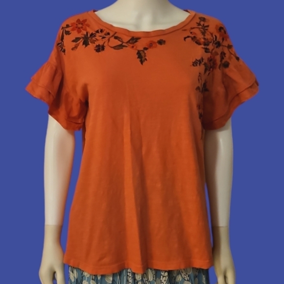 SUNDANCE Salmon Floral Embroidered Short Bell Sleeve Jersey Knit Top - Picture 1 of 10